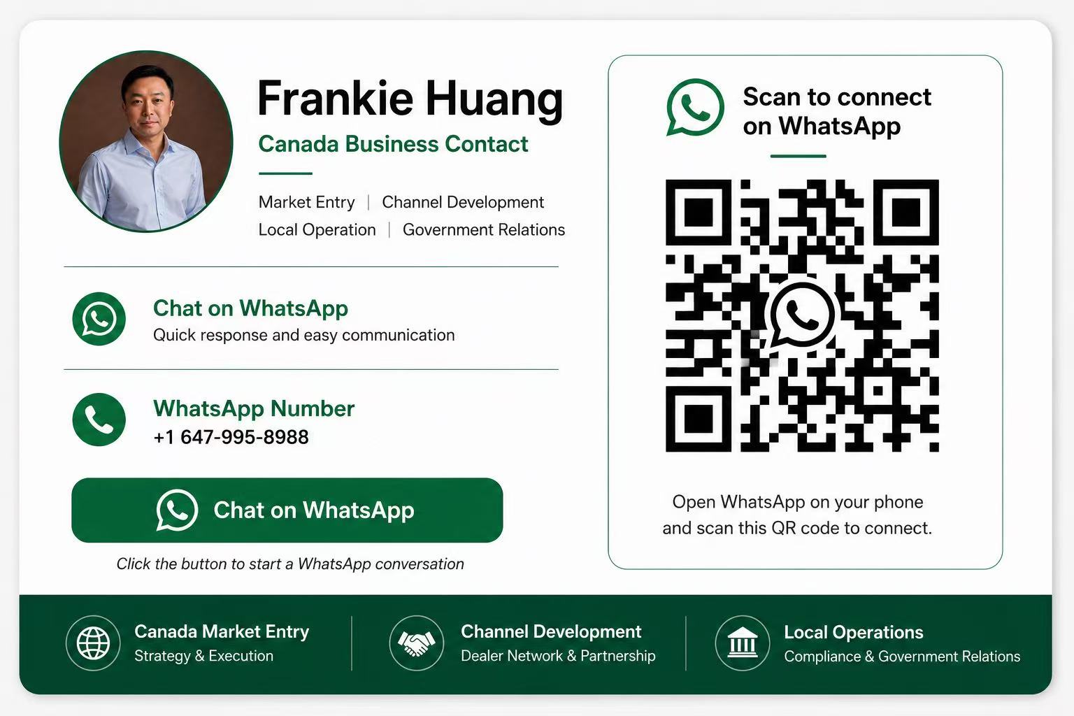 Frankie Huang — Canada Business Contact, WhatsApp +1 (647) 838-2366
